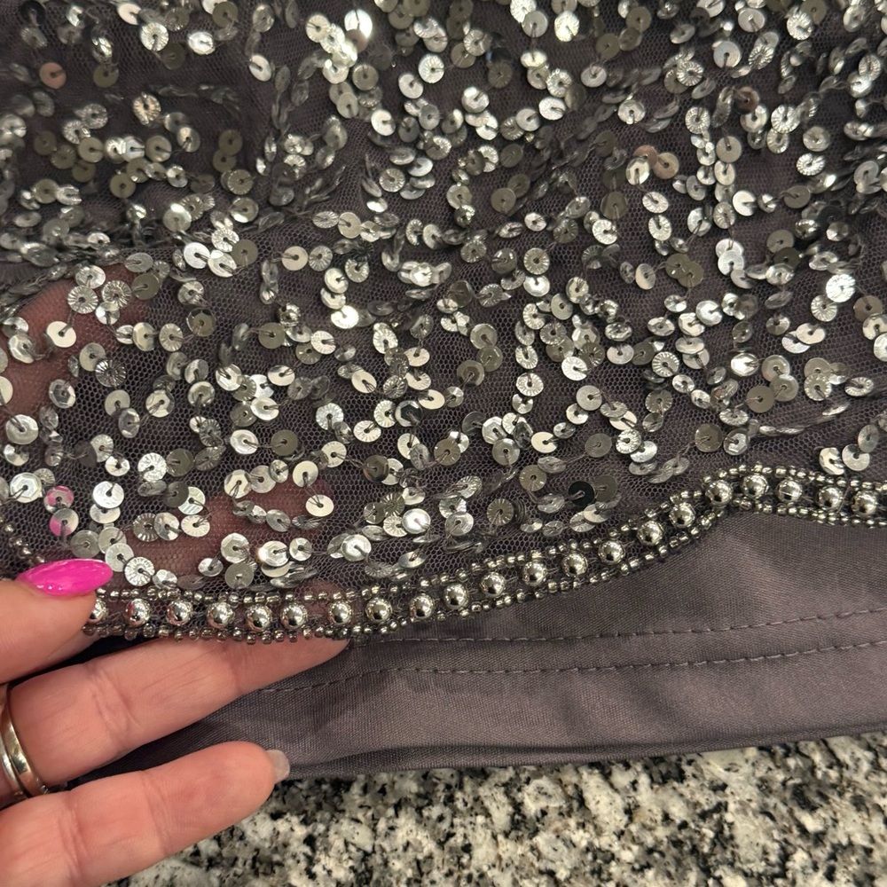 Adrianna Papell 18W Plus Gunmetal Sequin Sheath Midi Dress scalloped edges - Picture 13 of 16